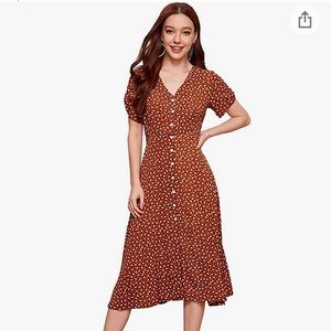 Large floral print V-neck button front short sleeve split A line midi dress